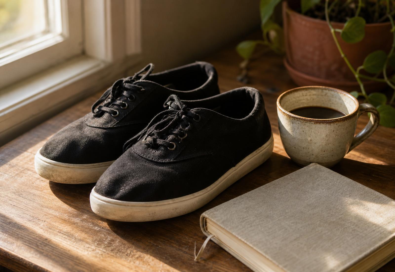 A worn pair of black canvas West Coast Swing shoes beside coffee and a linen journal in morning light