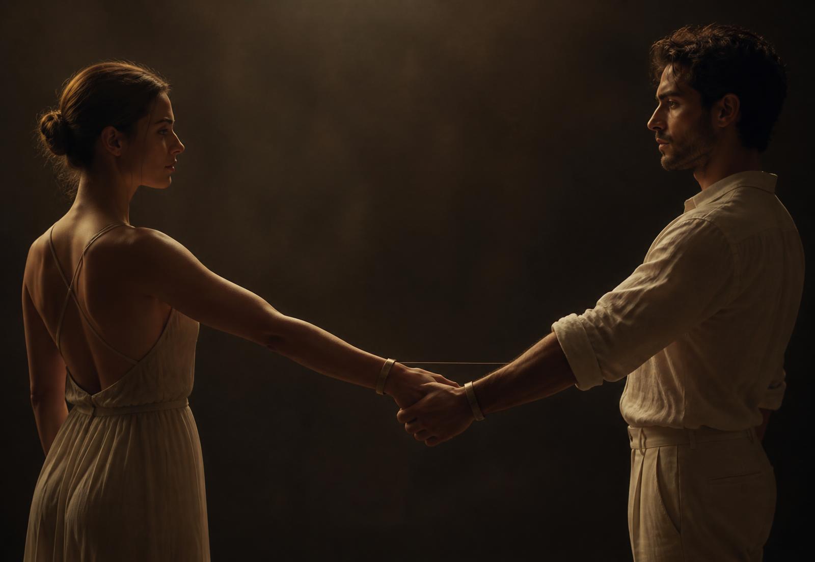 Two dancers in open position with a faint thread of warm light between their wristbands