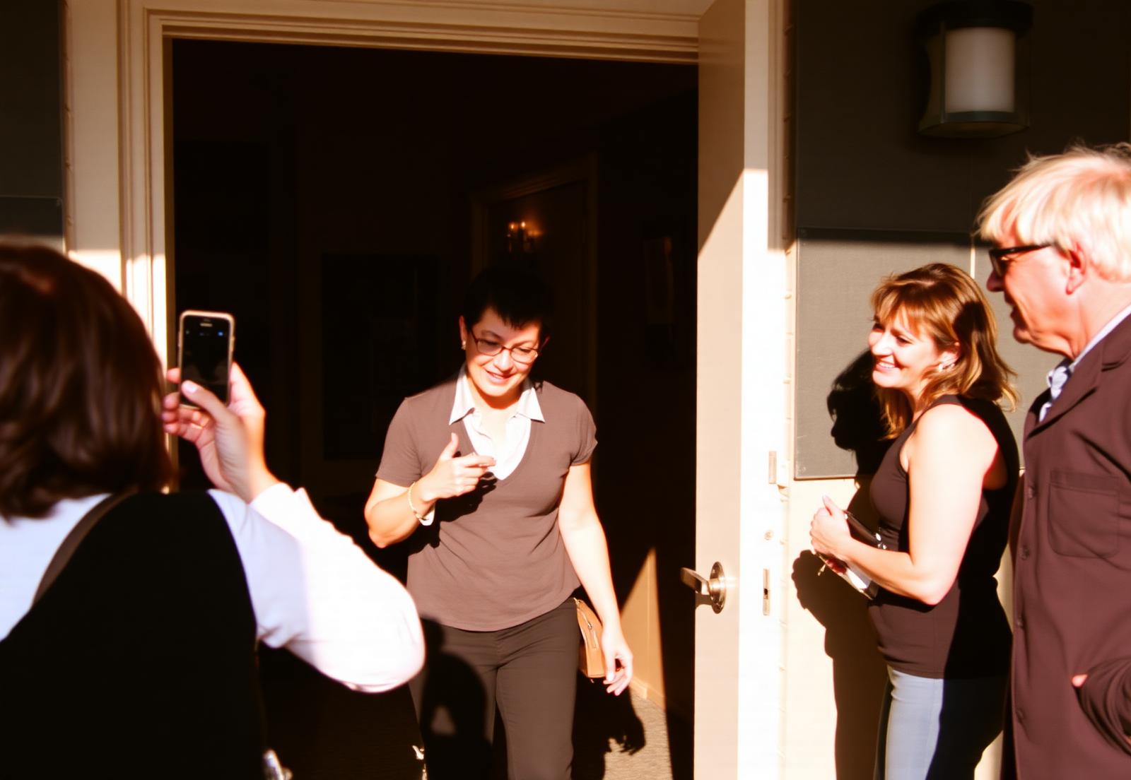 Dancers documenting a venue, updating an event, and welcoming a newcomer at the door
