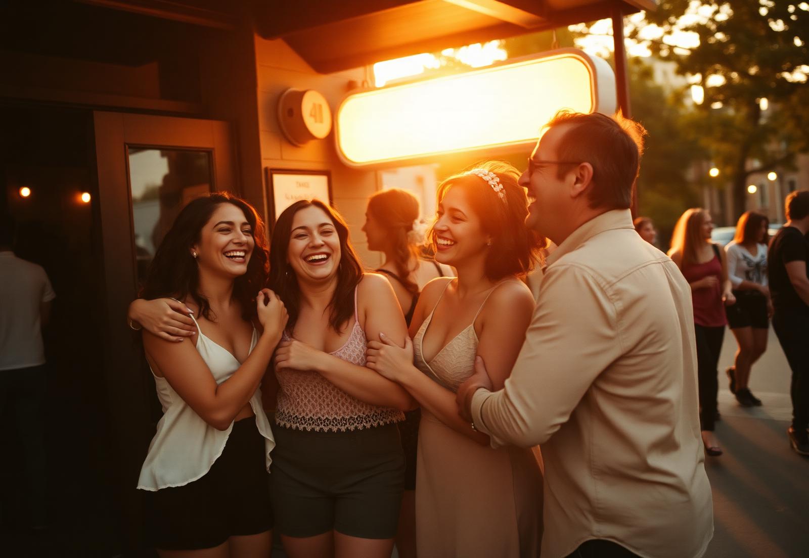 Dance friends laughing together outside a venue at golden hour