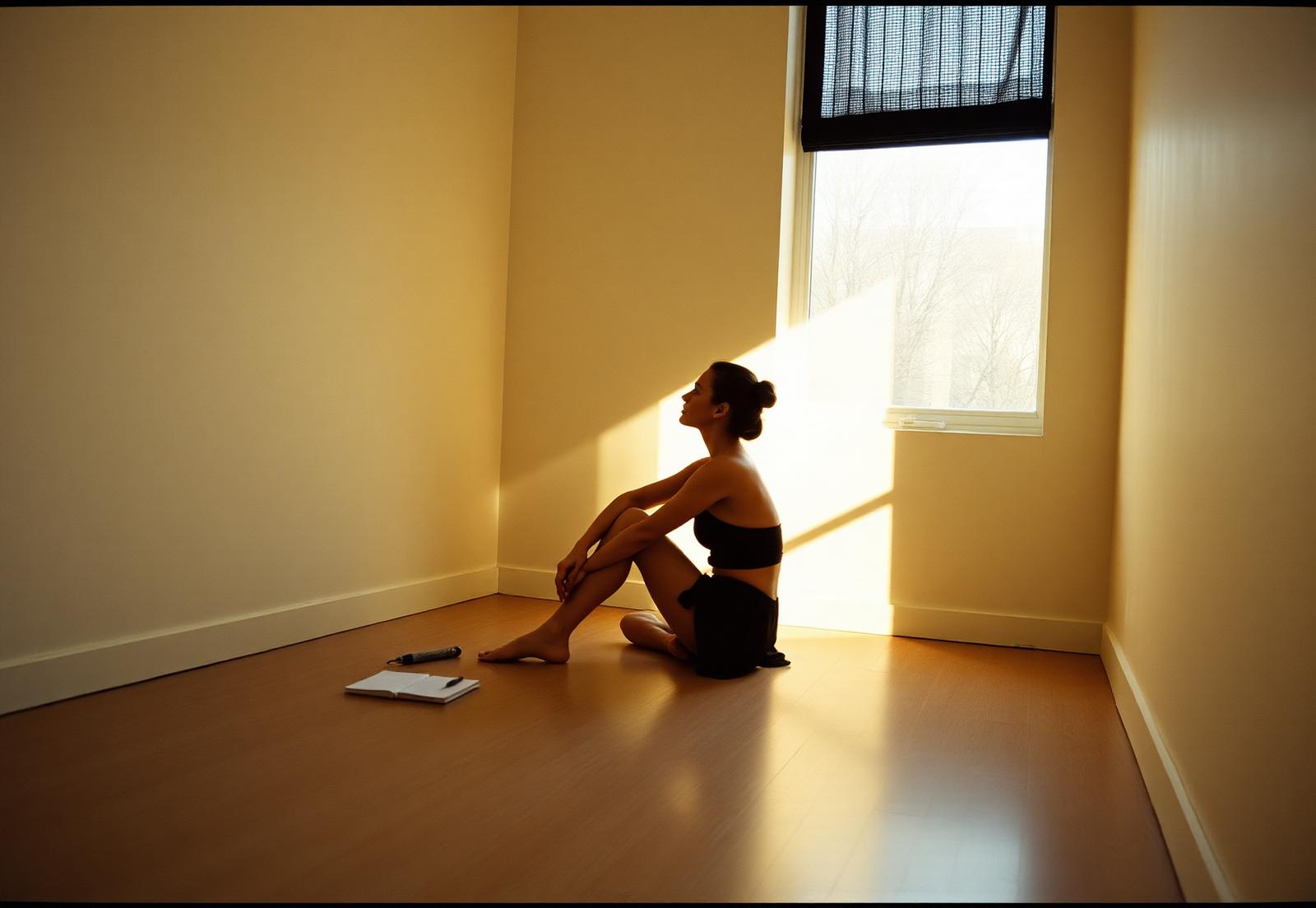 A dancer sitting quietly in a studio corner, reflecting after a night of dancing
