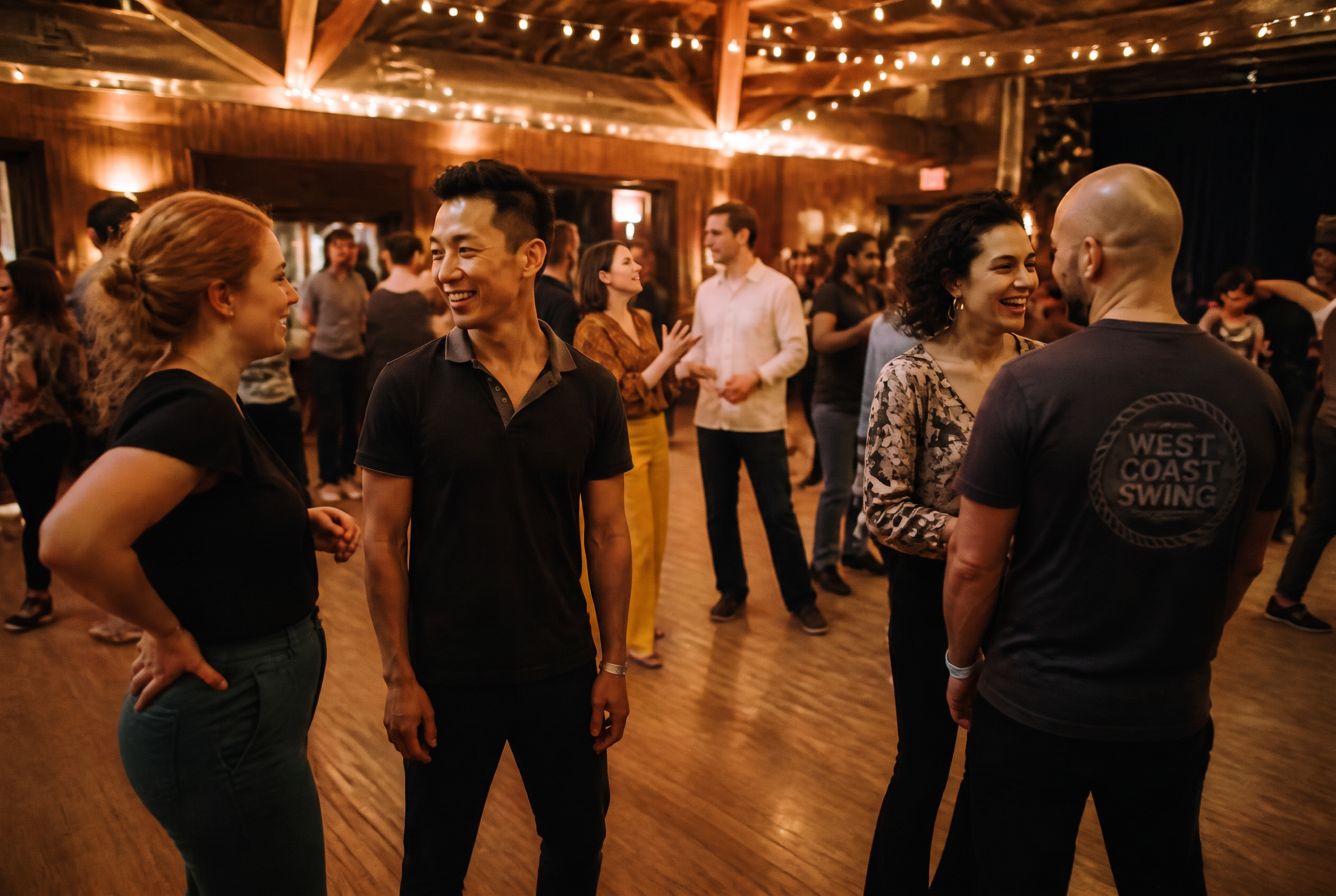 Dancers laughing between songs in a warm ballroom
