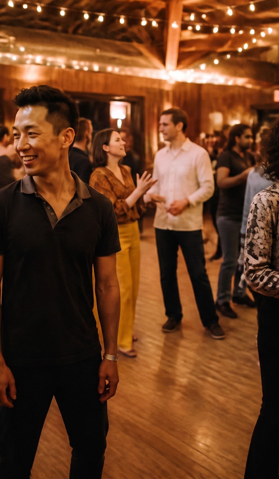 Dancers laughing between songs in a warm ballroom